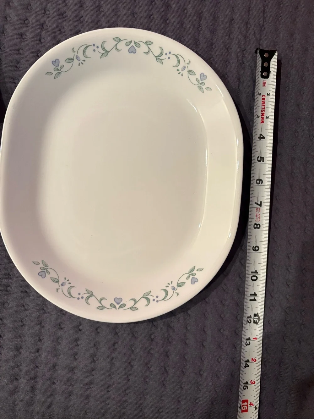 Corelle White Oval Plate with Green Leaves and Lavender Hearts